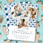 Geometric Navy Blue Stars Of David Hanukkah Photo Holiday Card<br><div class="desc">This modern Hanukkah card features 3 instant photo collage on a background pattern of geometric stars pattern. The greeting is a mix typography of a trendy handwriting script and simple sans serif text. The 'Happy Hanukkah' greeting and background can be changed to any color of your choice. Designed / original...</div>