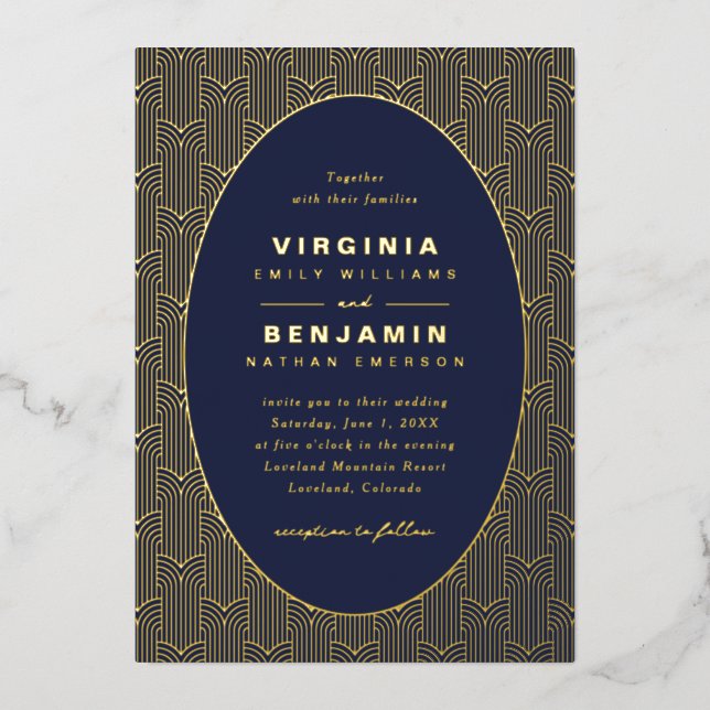 Geometric Navy Blue Wedding Foil Invitation (Front)