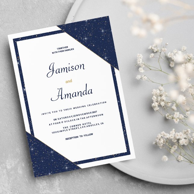 Geometric navy blue white gold glitter Wedding Invitation (Geometric navy blue white gold glitter Wedding)