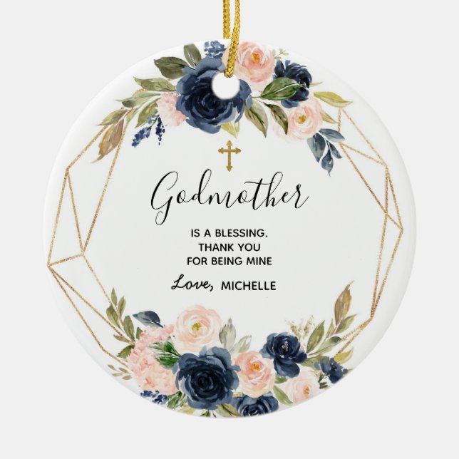 Geometric Navy Blush Floral Godmother keepsake Ceramic Ornament (Front)