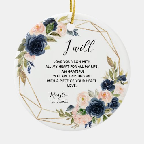 Geometric Navy Blush Floral Mother of the Groom Ceramic Ornament