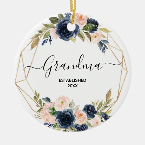 Geometric Navy Blush Floral Pregnancy Announcement Ceramic Ornament