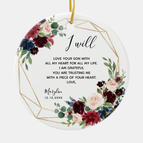 Geometric Navy Burgundy Floral Mother of the Groom Ceramic Ornament