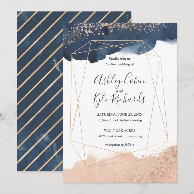 Geometric Navy, Gold, Blush Watercolor Invitation (Front/Back)