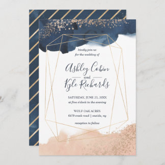 Geometric Navy, Gold, Blush Watercolor Invitation