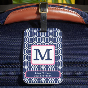 Geometric Navy Octagon Monogram Custom Preppy Luggage Tag