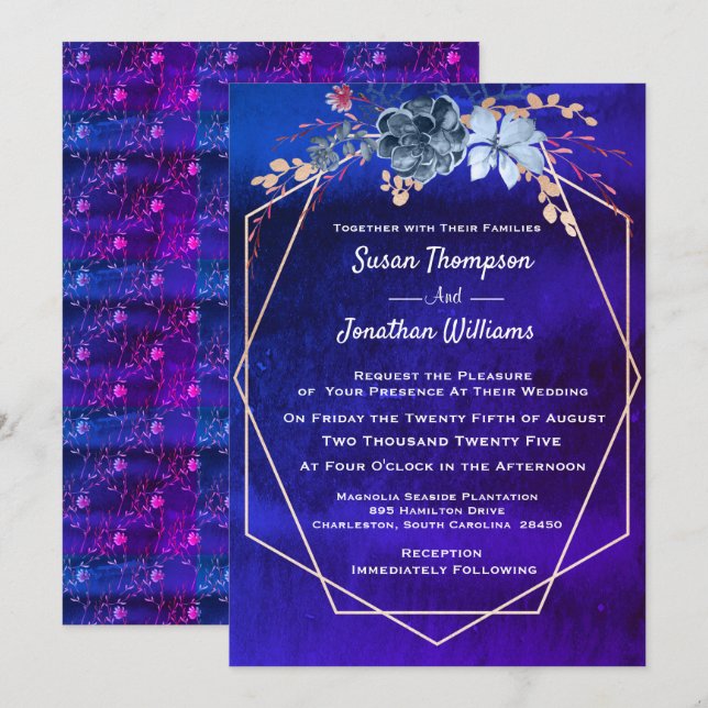 Geometric Navy Watercolor Floral Wedding Invitation (Front/Back)