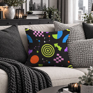 Geometric Neon Abstract Shapes Black Pillow Art