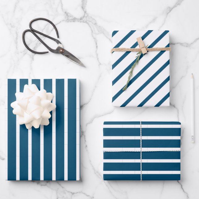 Geometric Ocean Blue and White Stripes Wrapping Paper Sheets (Front)