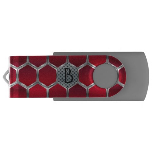 Geometric Octagons Patter In Red And Silver USB Flash Drive