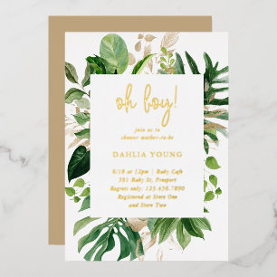 Geometric Oh Boy Tropical Baby Shower Gold Foil Invitation