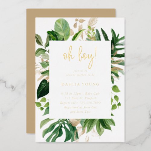 Geometric Oh Boy Tropical Baby Shower Gold Foil Invitation