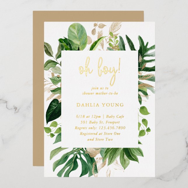 Geometric Oh Boy Tropical Baby Shower Gold Foil Invitation (Front/Back)