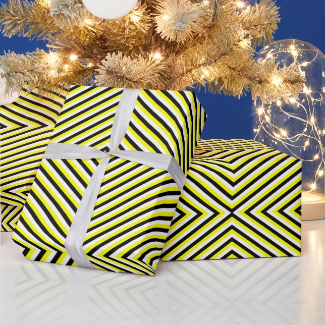 Geometric Optical Illusion Modern Black & Yellow  Wrapping Paper (Holidays)