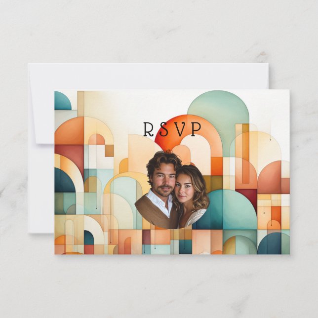 Geometric Orange Blue Peach Turquoise Wedding RSVP Card (Front)