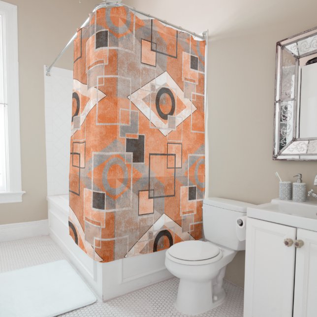 Geometric orange gray grunge stylish shower curtain (In Situ)
