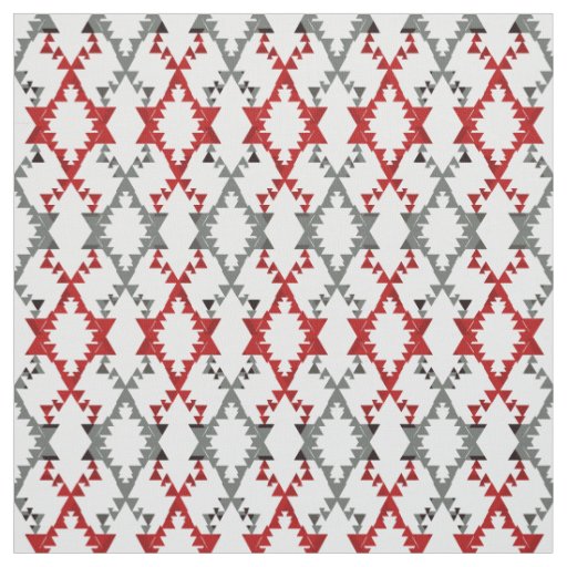 Geometric ornament in red and gray on white. fabric