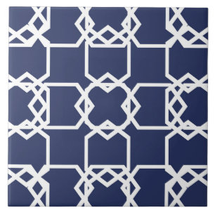Geometric, ornamental, modern, navy blue, white ceramic tile