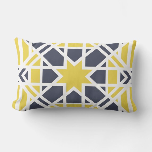 Geometric, ornamental, mustard yellow, navy blue lumbar pillow (Front)