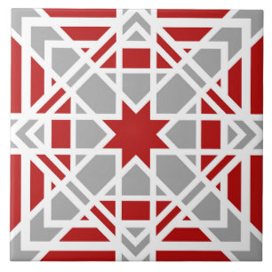 Geometric, ornamental, red, white, light grey ceramic tile