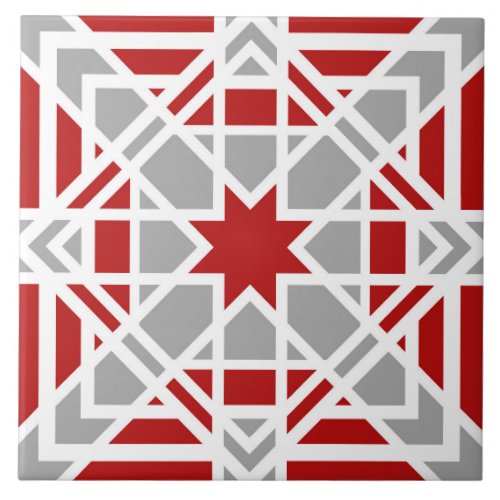Geometric ornamental red white light grey ceramic tile