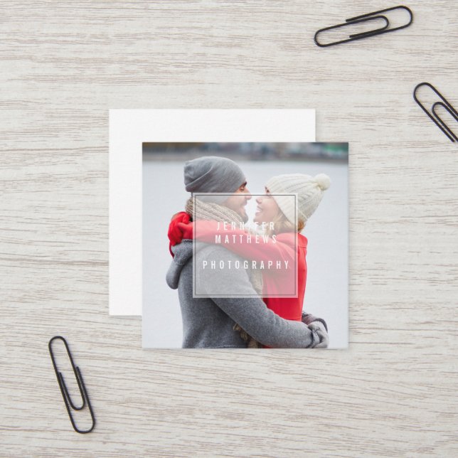 Geometric Overlay Minimal Chic Photographer Square Business Card (Front/Back In Situ)