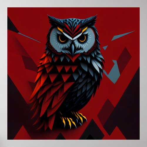 Geometric Owl Red  Poster