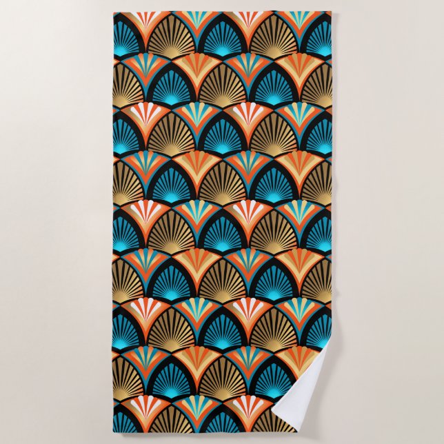 Geometric palm leaves golden pattern in Art Deco Beach Towel (Front)