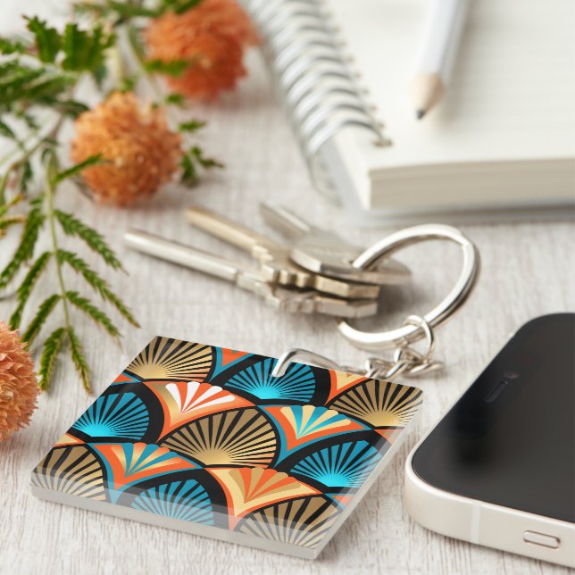 Geometric palm leaves golden pattern in Art Deco Keychain (Front Right)