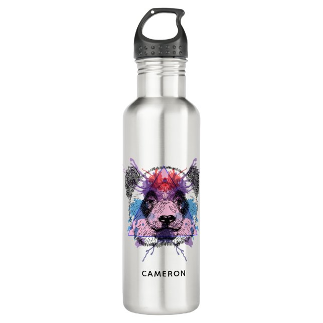 Geometric Panda Bear | Add Your Name Stainless Steel Water Bottle (Front)