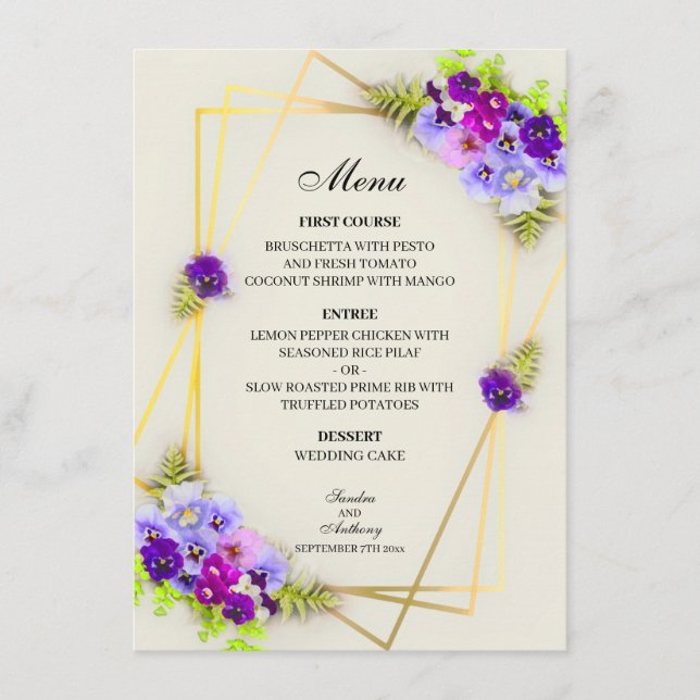 Geometric Pansies in Blue & Purple Menu Card (Front)