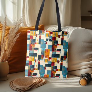 Geometric Patchwork Blend in Red, Yellow, Blue Tote Bag