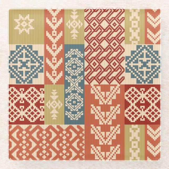 Geometric Patchwork Ethnic Seamless Pattern Glass Coaster (Front)