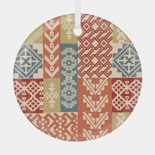 Geometric Patchwork Ethnic Seamless Pattern Glass Ornament (Front)