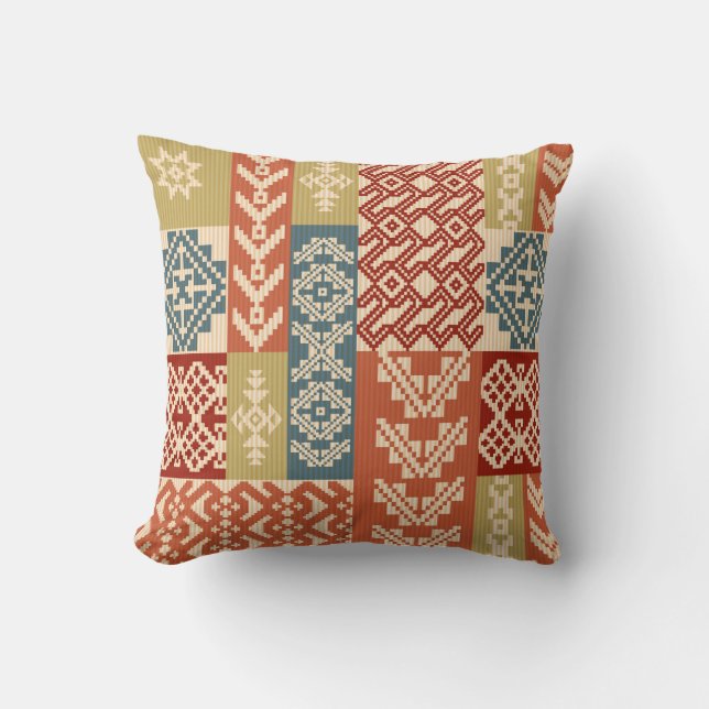 Geometric patchwork ornamental ethnic pattern throw pillow (Front)