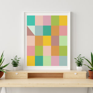 Geometric Patchwork Squares in Green and Purple Poster