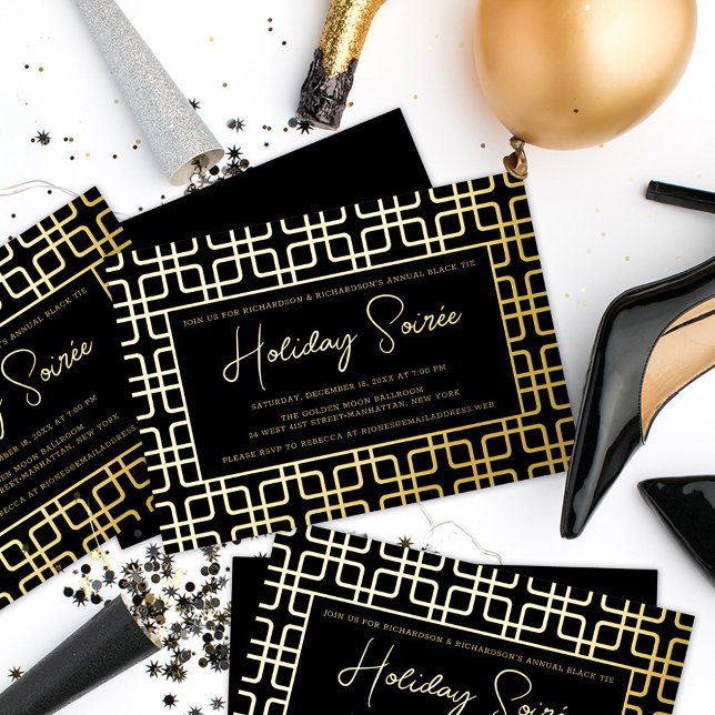 Geometric Pattern Black Gold Holiday Party Foil Invitation (Creator Uploaded)