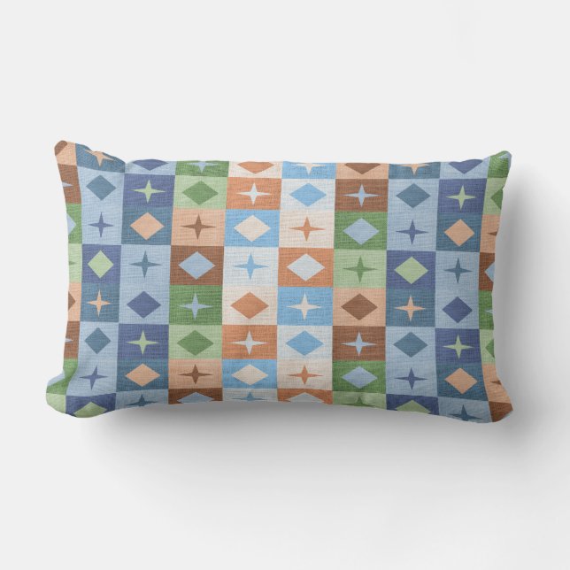 Geometric Pattern Blue Green Brown Tan Lumbar Pillow (Front)