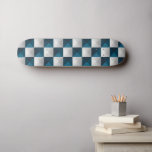 Geometric Pattern Blue Silver Skateboard<br><div class="desc">This skateboard features a geometric pattern checkerboard squares design with a triangular motif in a modern,  minimalist style. The pattern consists of alternating metallic blue and metallic silver triangular shapes arranged in a grid formation. The truck width is 5.25. The trucks are all terrain skateboard trucks.</div>