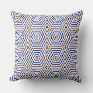 Geometric pattern figures retro brown blue throw pillow
