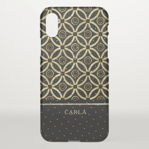 Geometric pattern gold glitter and black iPhone XS case