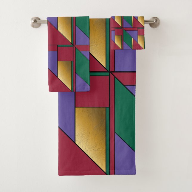 Geometric Pattern Gold Purple Green Red Bath Towel Set (Insitu)
