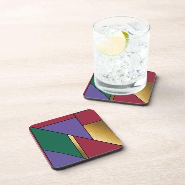 Geometric Pattern Gold Purple Green Red Beverage Coaster (Right Side)