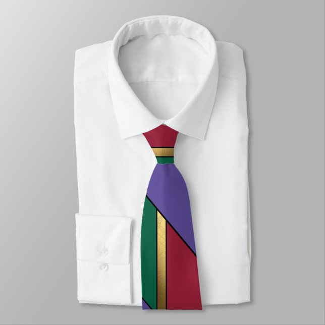 Geometric Pattern Gold Purple Green Red Neck Tie (Tied)