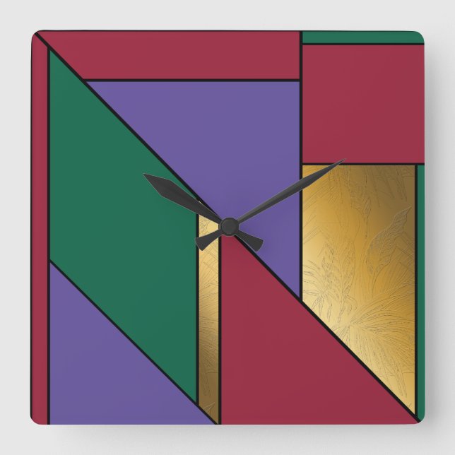 Geometric Pattern Gold Purple Green Red Square Wall Clock (Front)