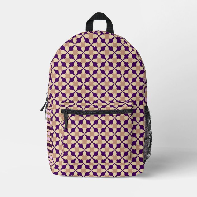 Geometric pattern in  beige and indigo blue printed backpack (Front)