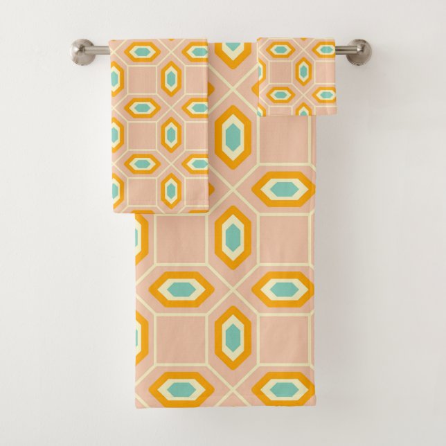 Geometric pattern in blue and orange diamond shape bath towel set (Insitu)