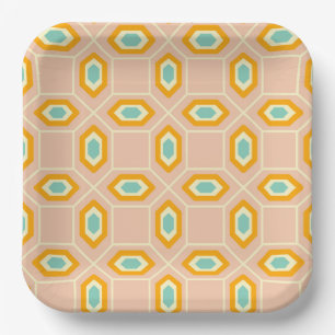 Geometric pattern in blue and orange diamond shape paper plates