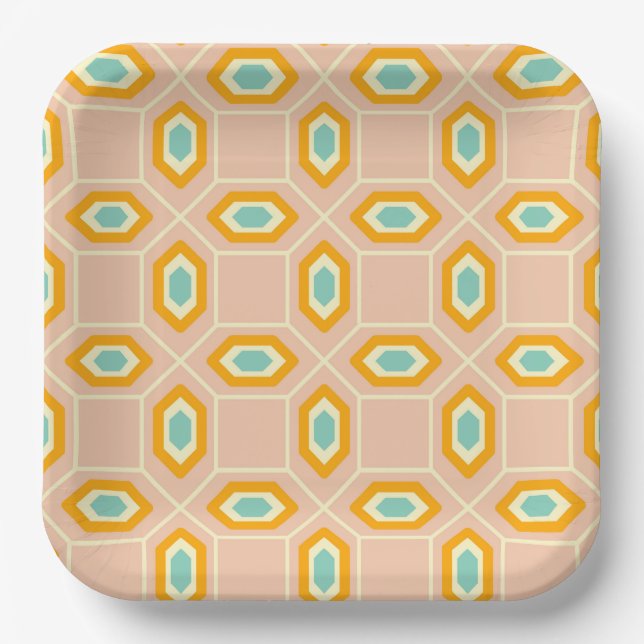 Geometric pattern in blue and orange diamond shape paper plates (Front)