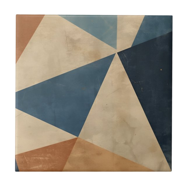 Geometric Pattern in Blues, Tans, and Rust Ceramic Tile (Front)